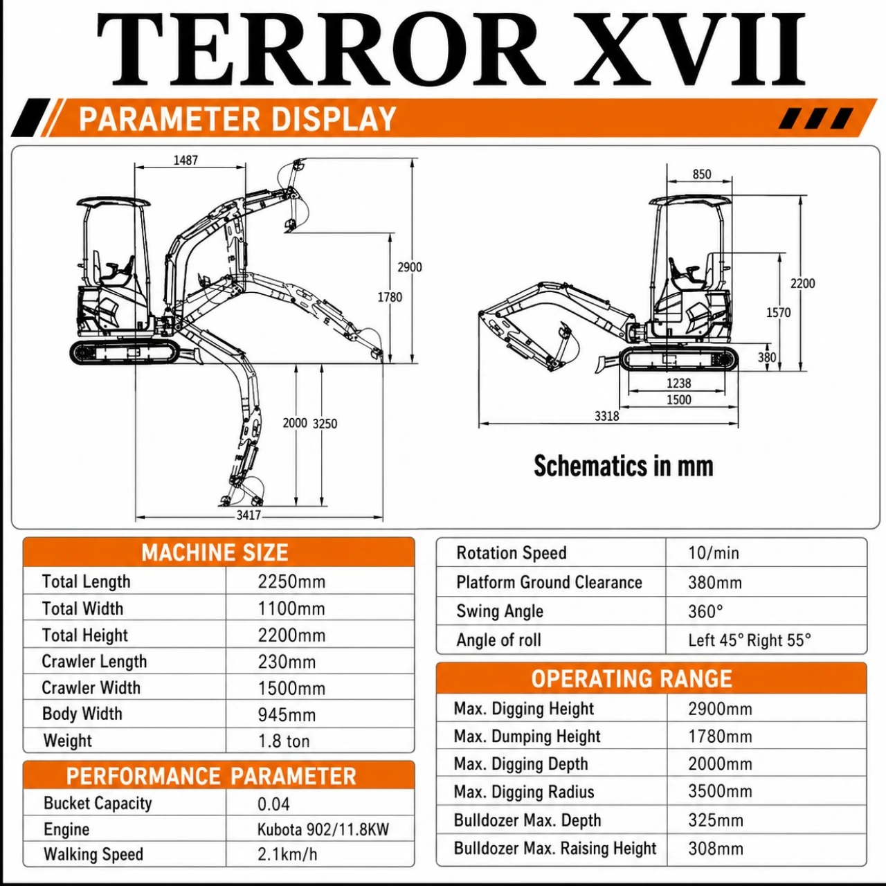 2025 4,000 lb TYPHON TERROR XVII Cabin Mini Excavator Rubber Track with Kubota D902 Diesel Engine USA