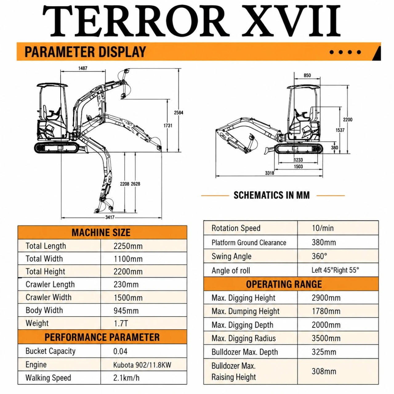 2025 3,800 lb TYPHON TERROR XVII Mini Excavator Rubber Track with Kubota D902 Diesel Engine USA