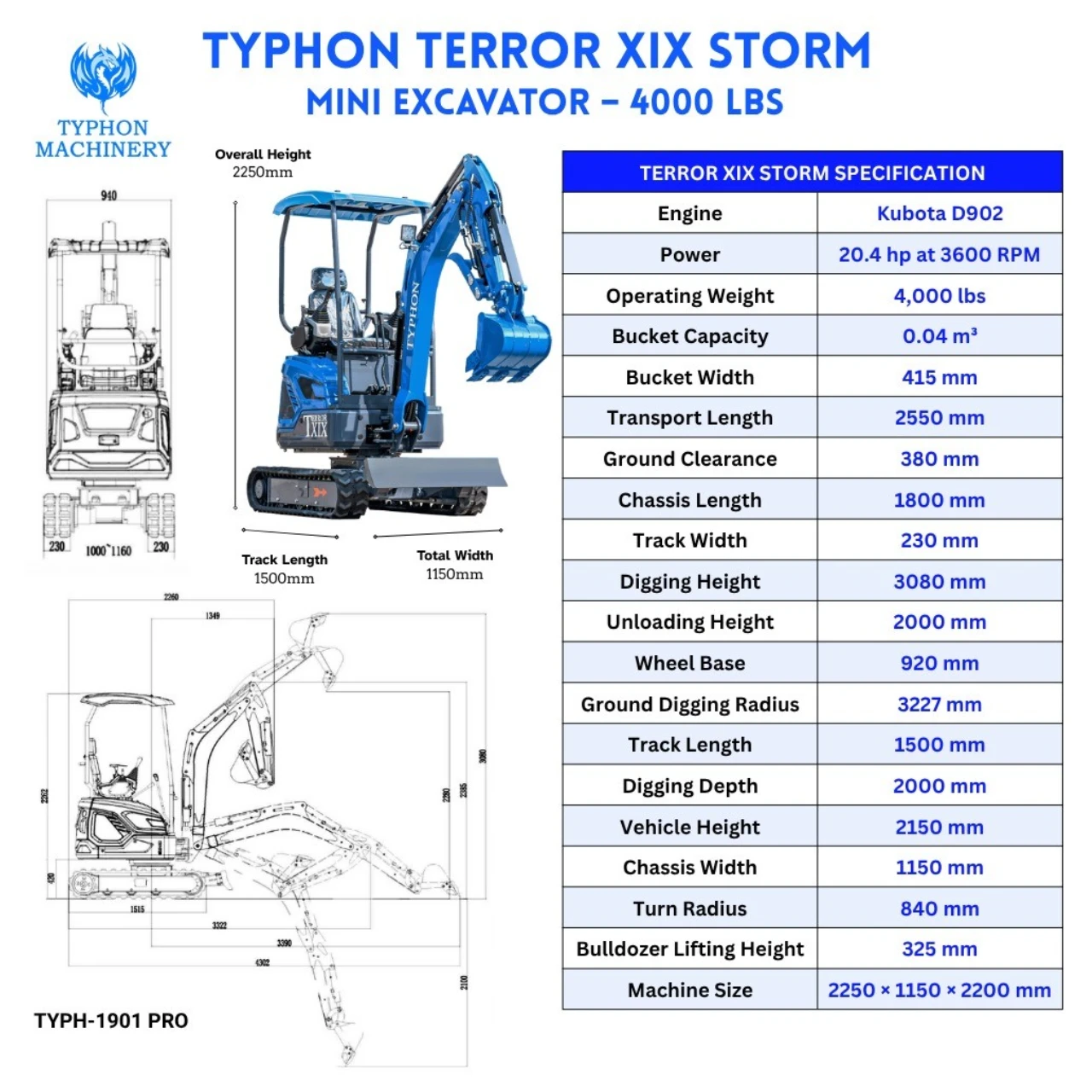 TYPHON TERROR XIX STORM Mini Excavator – 4000lbs Trench Digger with Boom Swing, Canopy, Retractable Tracks