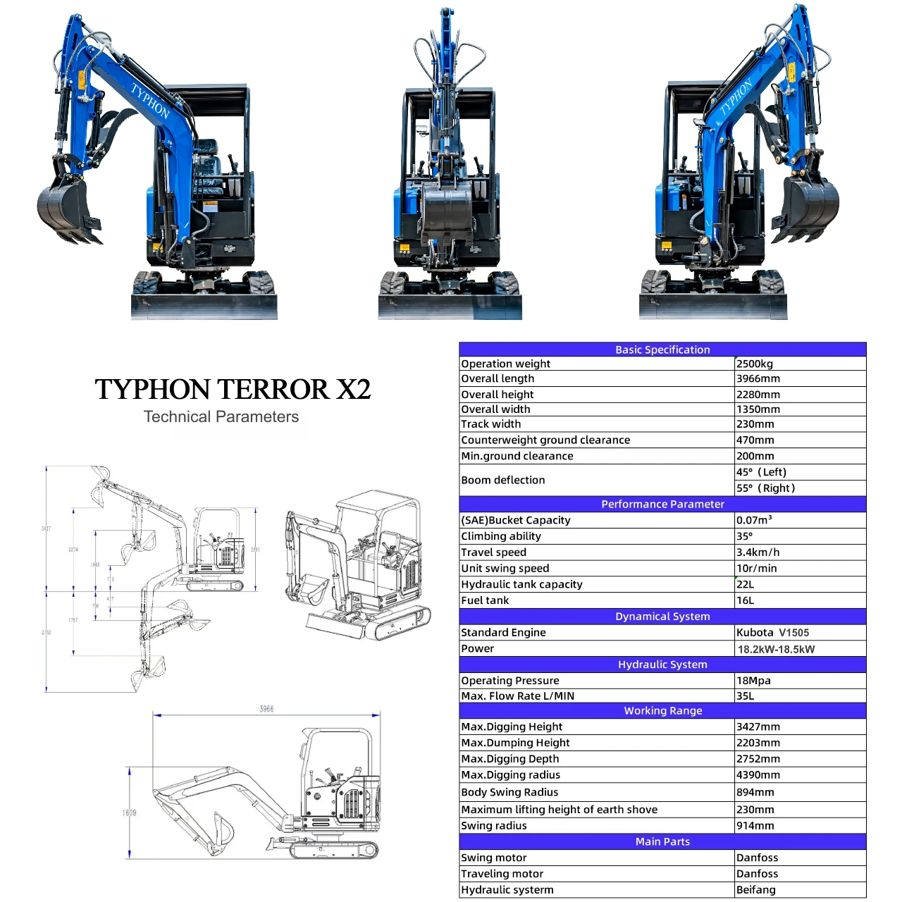 TYPHON TERROR X2 STORM Mini Excavator 2.5 Ton Diesel Kubota V1505 Engine USA