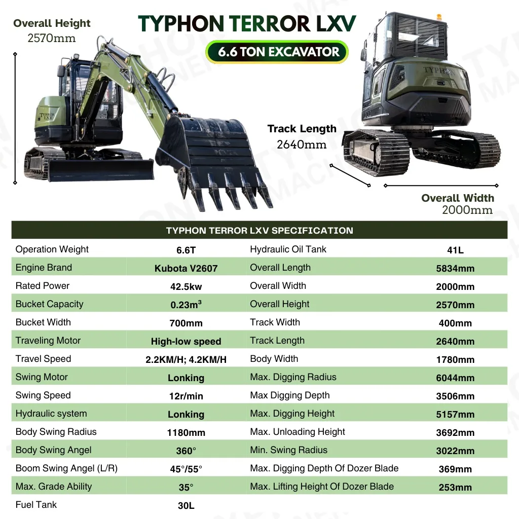 TYPHON TERROR LXV 6.6 Ton Excavator Kubota V2607 56.9HP AC/Heater Cabin Boom Swing