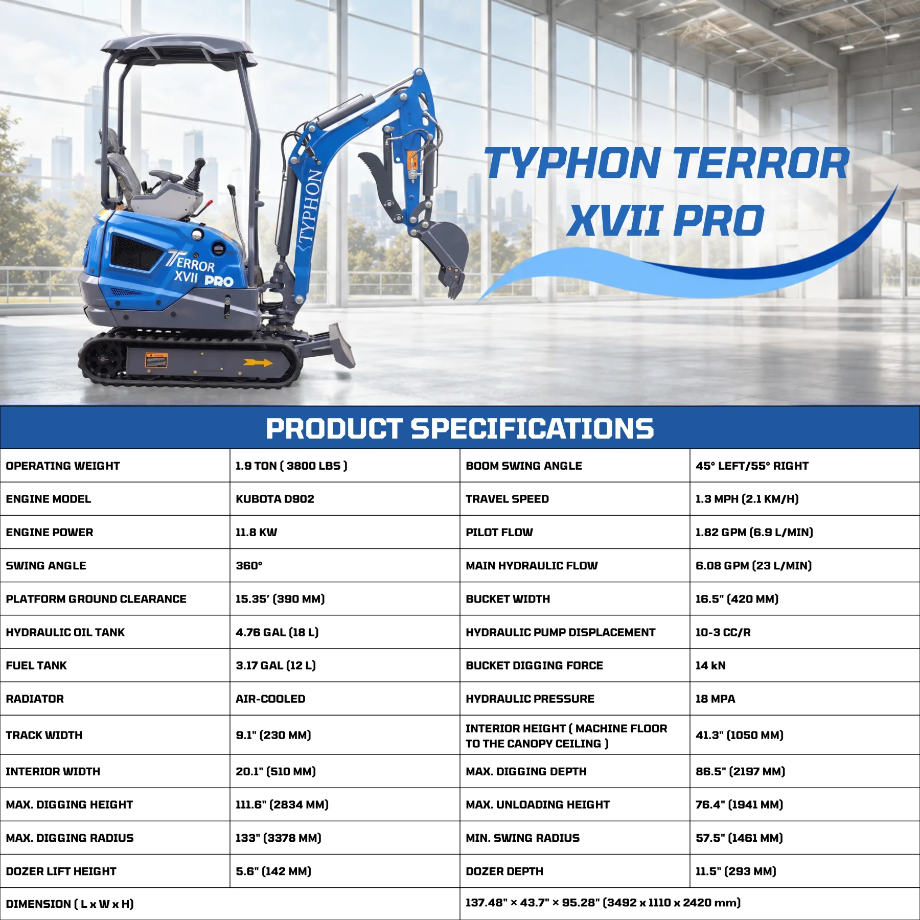New TYPHON TERROR XVII PRO 3800 lb Mini Excavator – Kubota Diesel, Premium Hydraulics, 14kN Dig Force, Boom Swing