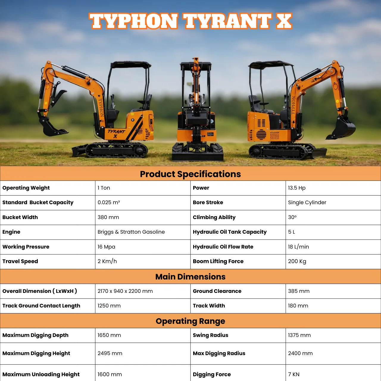 Typhon Tyrant X 1 Ton Mini Excavator with 13.5HP Briggs & Stratton Engine, Hydraulic Oil Cooler & Thumb Clip