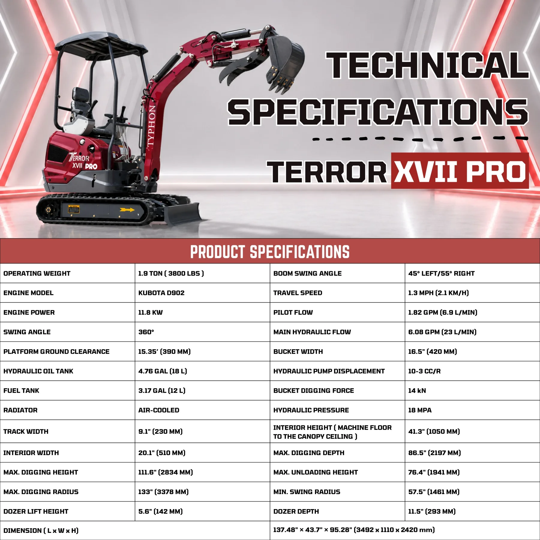 TYPHON TERROR XVII PRO 3800 lbs Mini Excavator Kubota Diesel, Hydraulic Thumb, Dozer Blade & Boom Swing