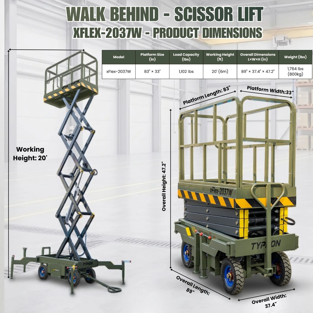 TYPHON xFlex-2037W Walk-Behind Scissor Lift comes with 20ft Working Height and Manual outriggers 1102 lbs load capacity 110V Electric