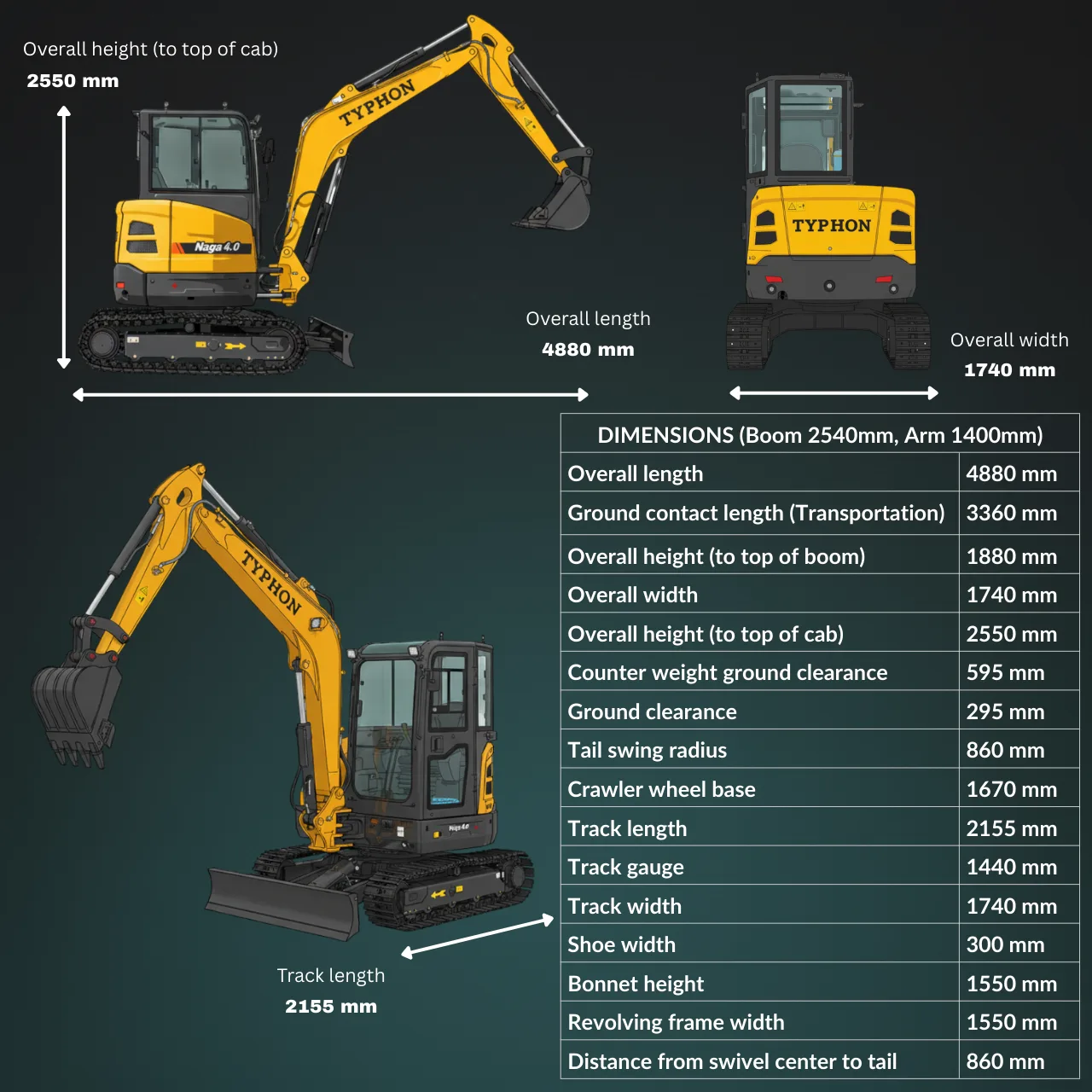 TYPHON NAGA 4.0 Mini Excavator with 4 Ton 24.4hp Yanmar Diesel Engine Metal Track ISO SAE control switch, AC Heater Cabin, 2 Travel Speed