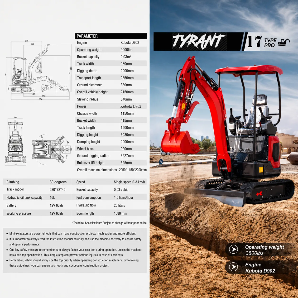 3800lbs TYRANT 17 Diesel Mini Excavator Kubota D902 Engine Side Swing w 12 attachments