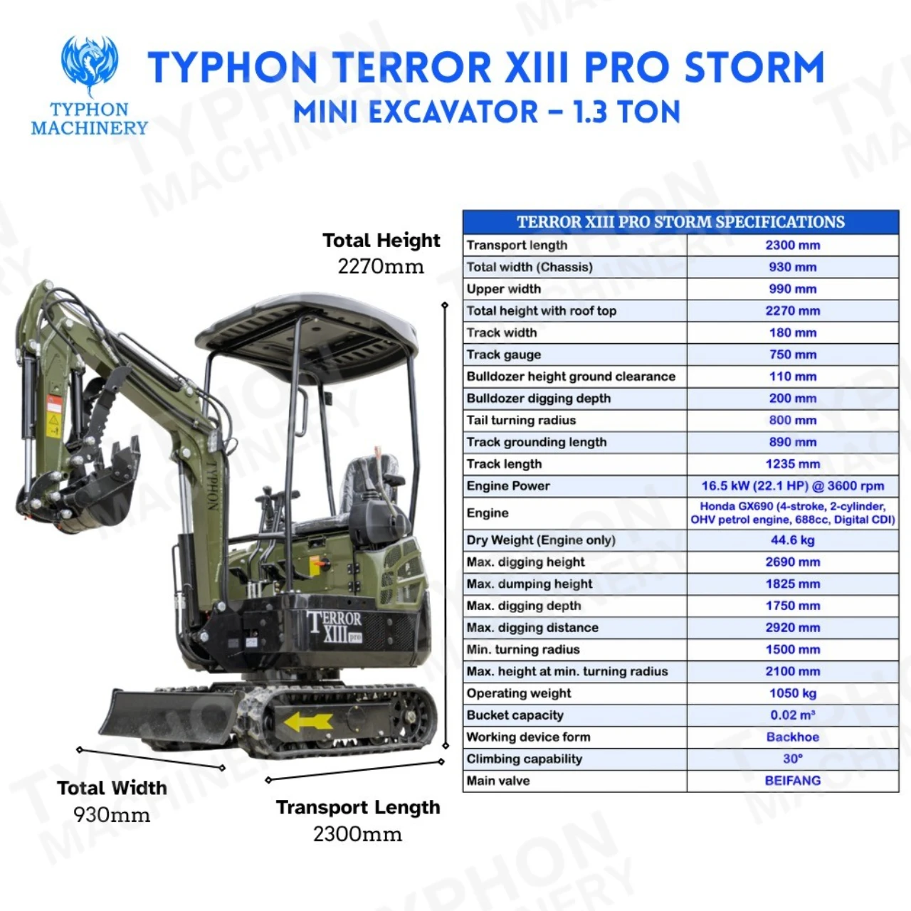 TYPHON TERROR XIII PRO Mini Excavator – 1.3 Ton Trench Digger with Canopy, Hydraulic Thumb Clip, 22.1hp Honda Engine USA