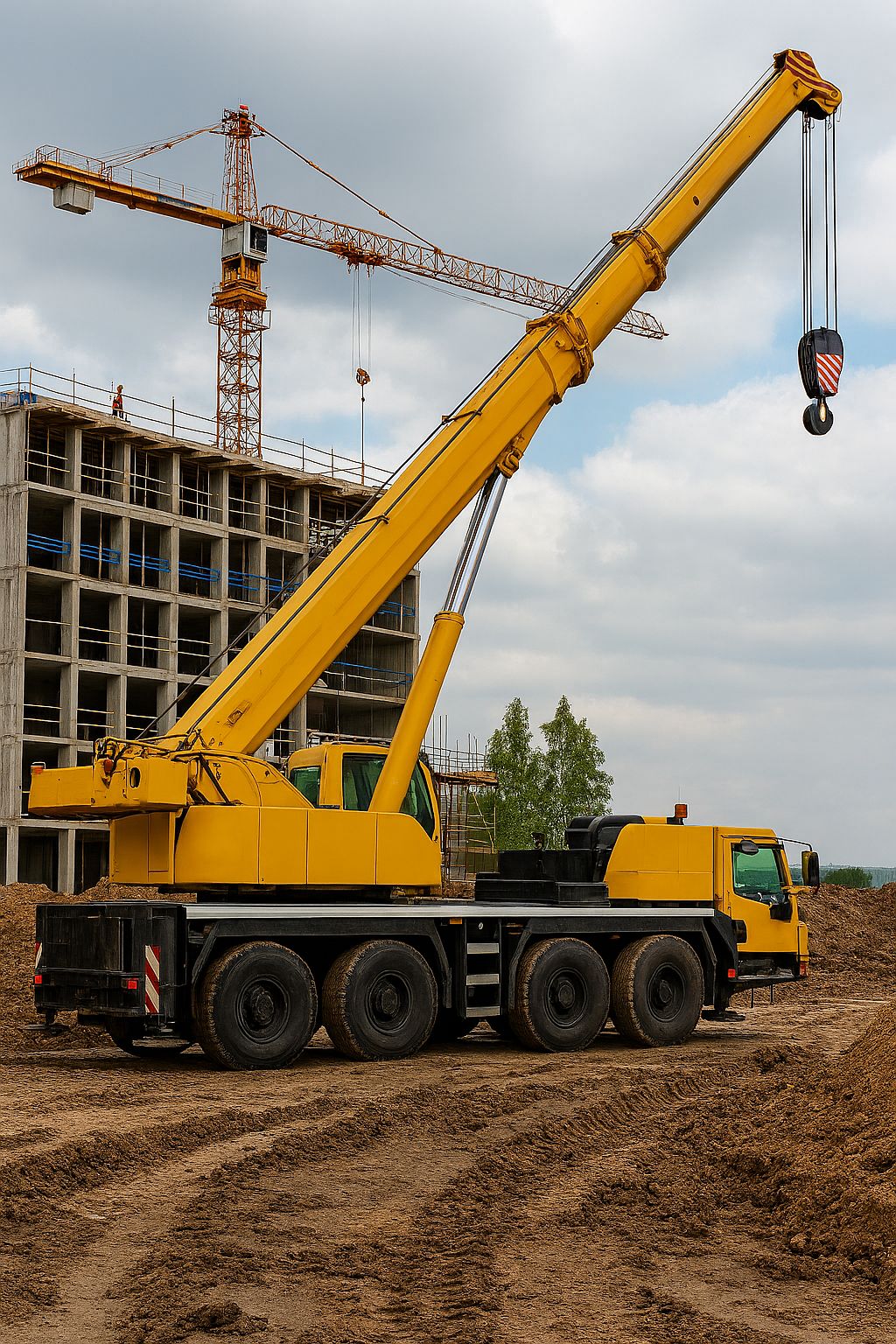 Construction mobile crane with telescopic boom for heavy lifting and job-site material placement